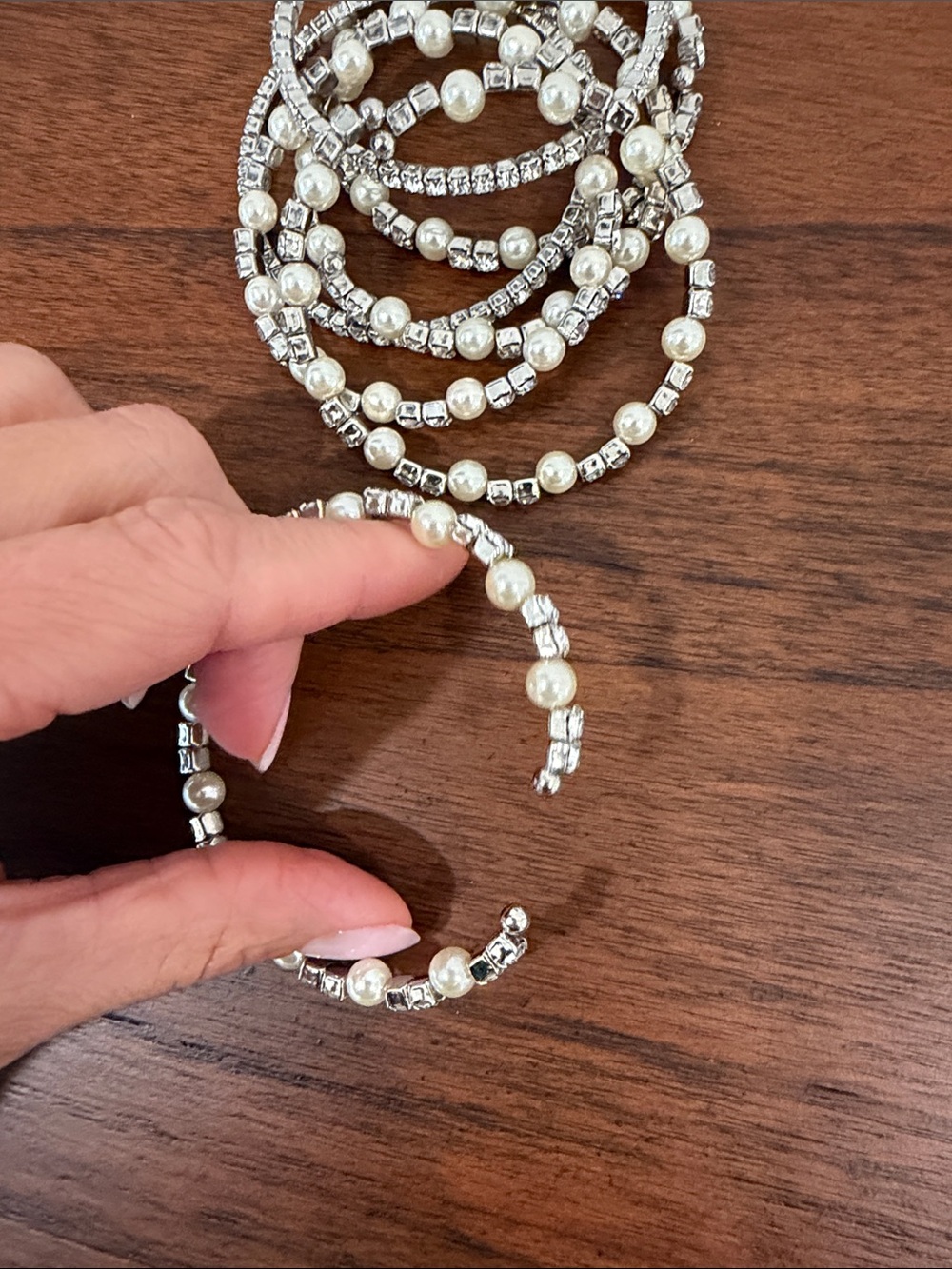 Pearl & Crystal Multi-Row Stretch Bracelet - White Pearls and Silver Crystals - Picture 6 of 6